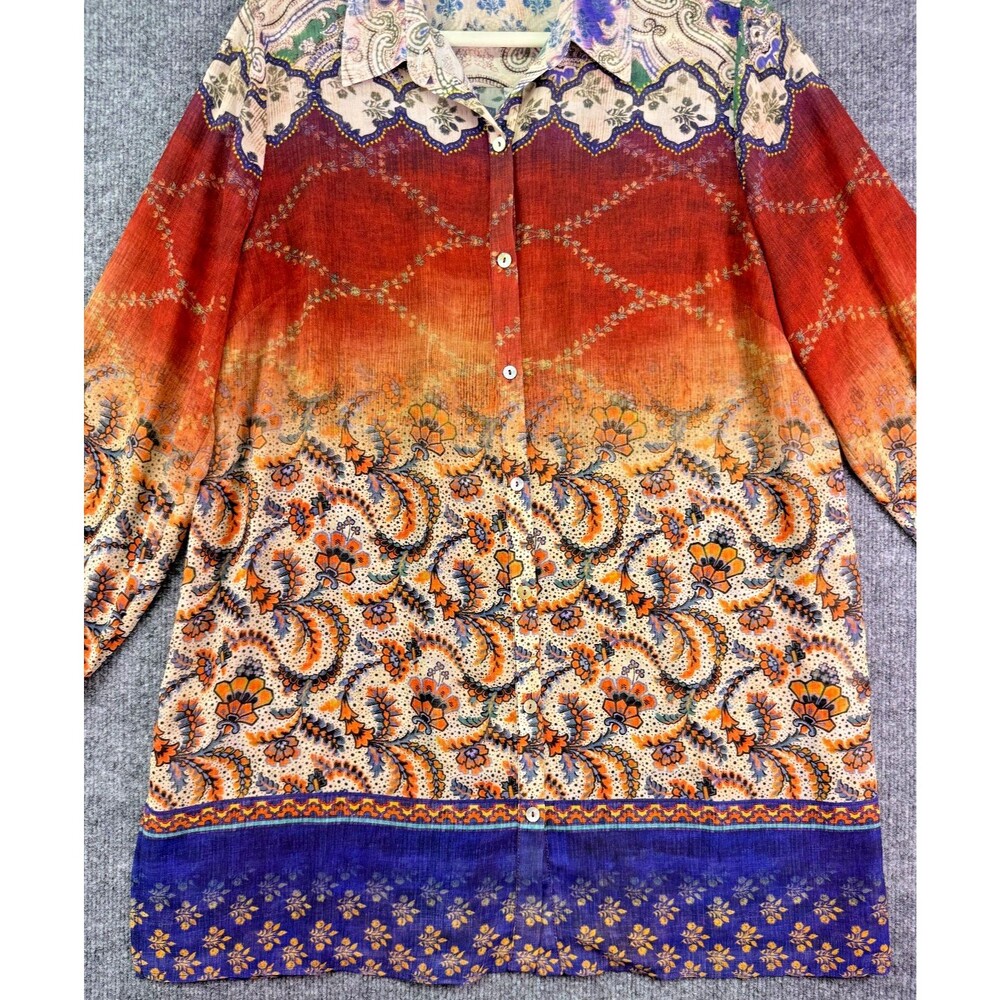 Susan Graver Button Front Tunic Top L Floral Paisley Print Long Sleeve Boho - Picture 4 of 15